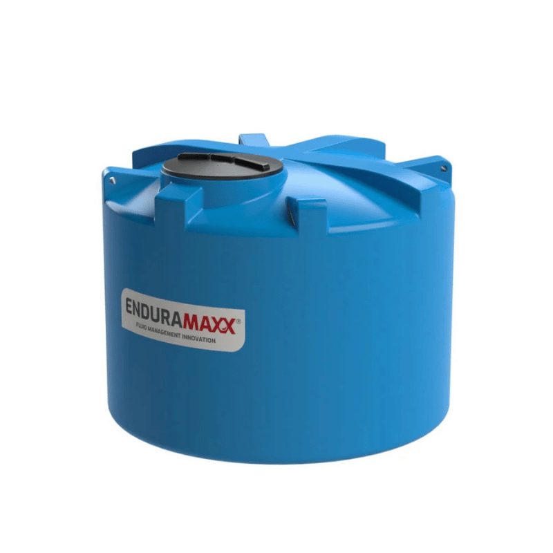 Blue water storage tank with Enduramaxx logo on a white background