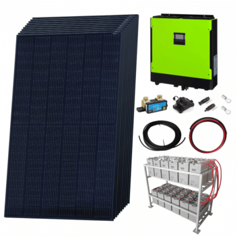 Solar panel, battery bank, and related equipment on a white background