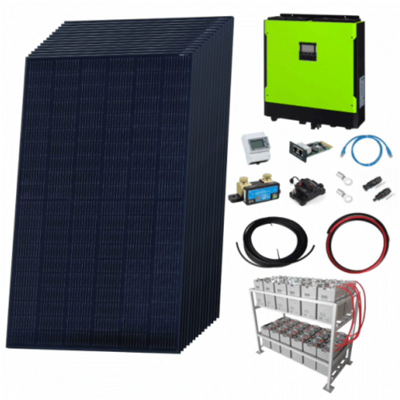 Solar panel, battery bank, and related equipment on a white background