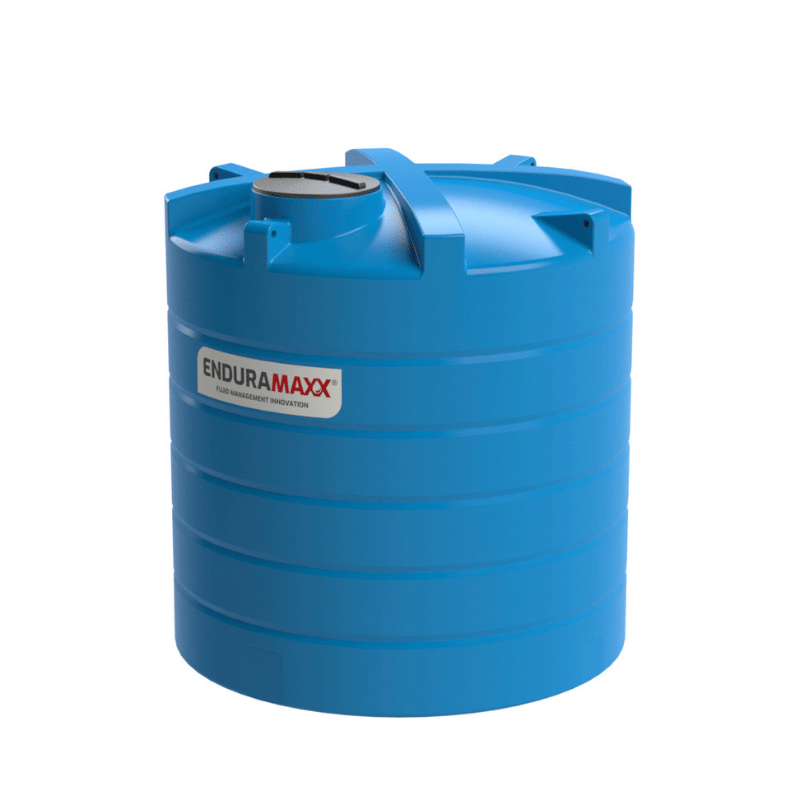Blue water storage tank with Enduramaxx logo on a white background