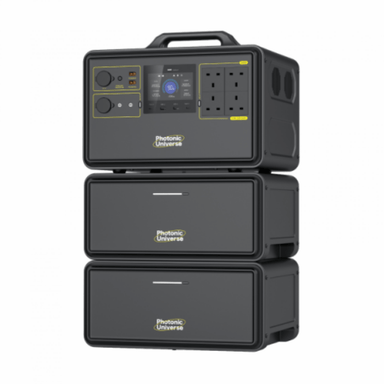 Stack of black portable power stations with Phytomax Universal branding on a white background
