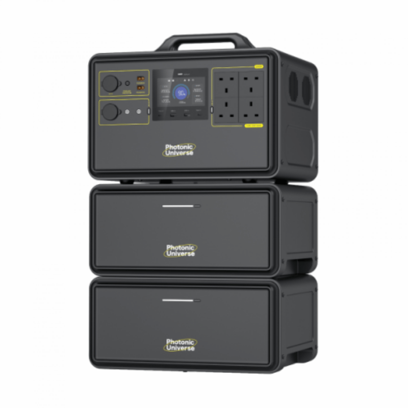 Stack of black portable power stations with Phytomax Universal branding on a white background