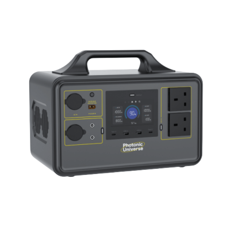 Portable power station with digital display and multiple outlets on a white background