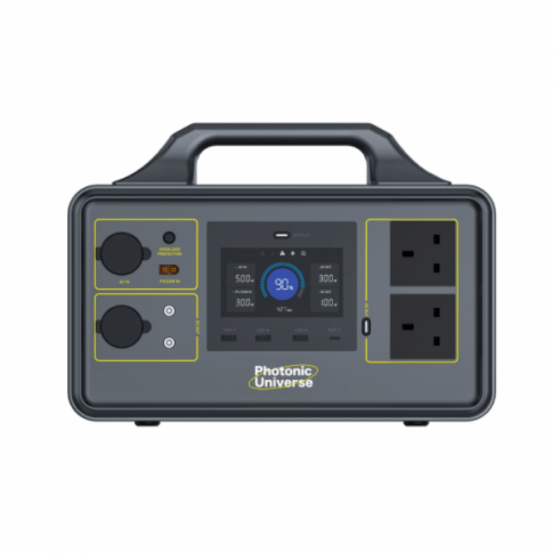 Portable power station with digital display and control buttons on a white background