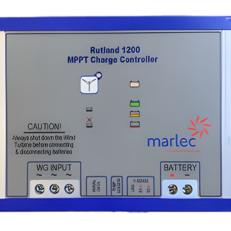 Marlec Rutland 1200 MPPT Charge Controller with various labels and icons on a gray background.