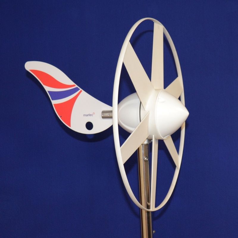 Marlec Rutland 505 Marine & Land-Based Wind Turbine with MPPT Controller 12V - side view on blue background