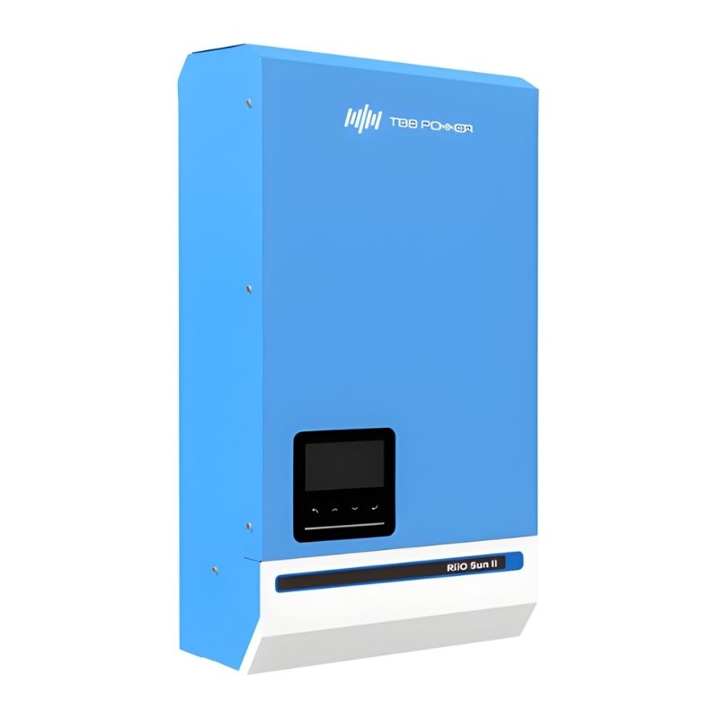Photonic Universe TBB Riio Sun II Hybrid Power Inverters front left side view with digital display on white background