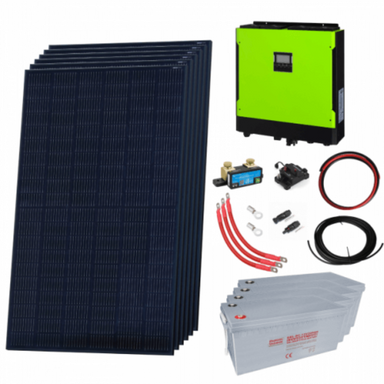 Solar panel kit with solar panels, battery, and wiring on a white background