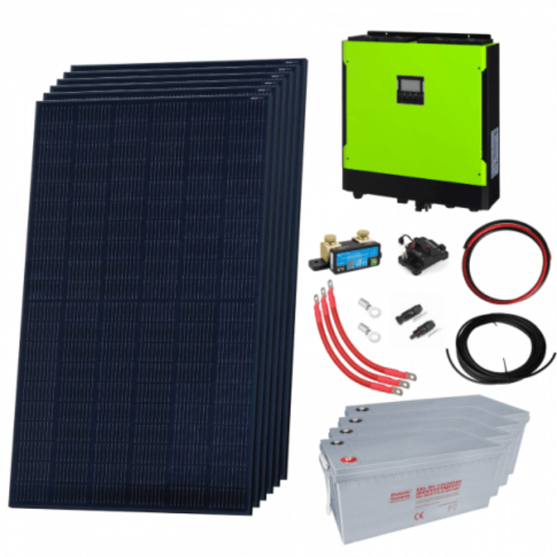 Solar panel kit with solar panels, battery, and wiring on a white background
