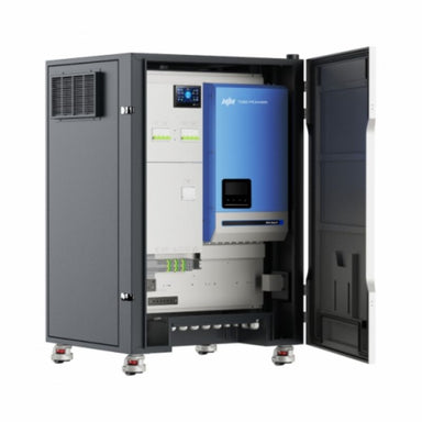 TBB Raython R8 all-in-one ESS cabinet prewired with Riio Sun II 8kW 48V hybrid inverter - front view open cabinet on white background