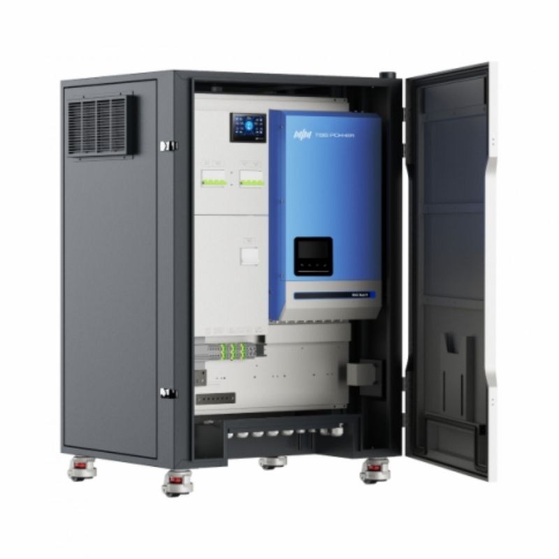 TBB Raython R8 all-in-one ESS cabinet prewired with Riio Sun II 8kW 48V hybrid inverter - front view open cabinet on white background