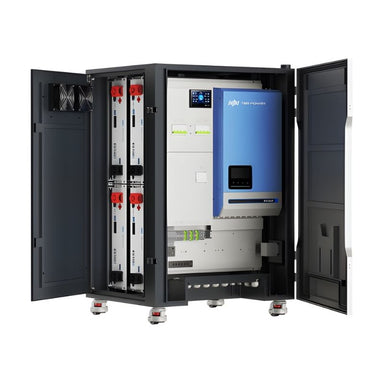 TBB Raython R8 all-in-one ESS cabinet prewired with Riio Sun II 8kW 48V hybrid inverter front view open cabinet on white background